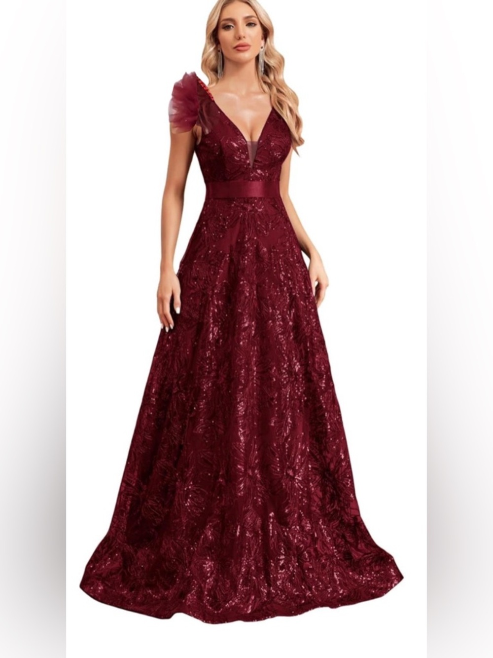 Embellished V-Neck Burgundy Lace feather Evening Gown Sz 22